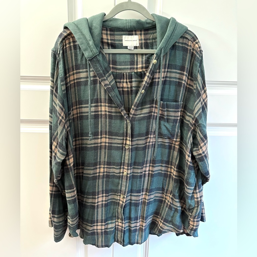 Green American Eagle Hooded Flannel